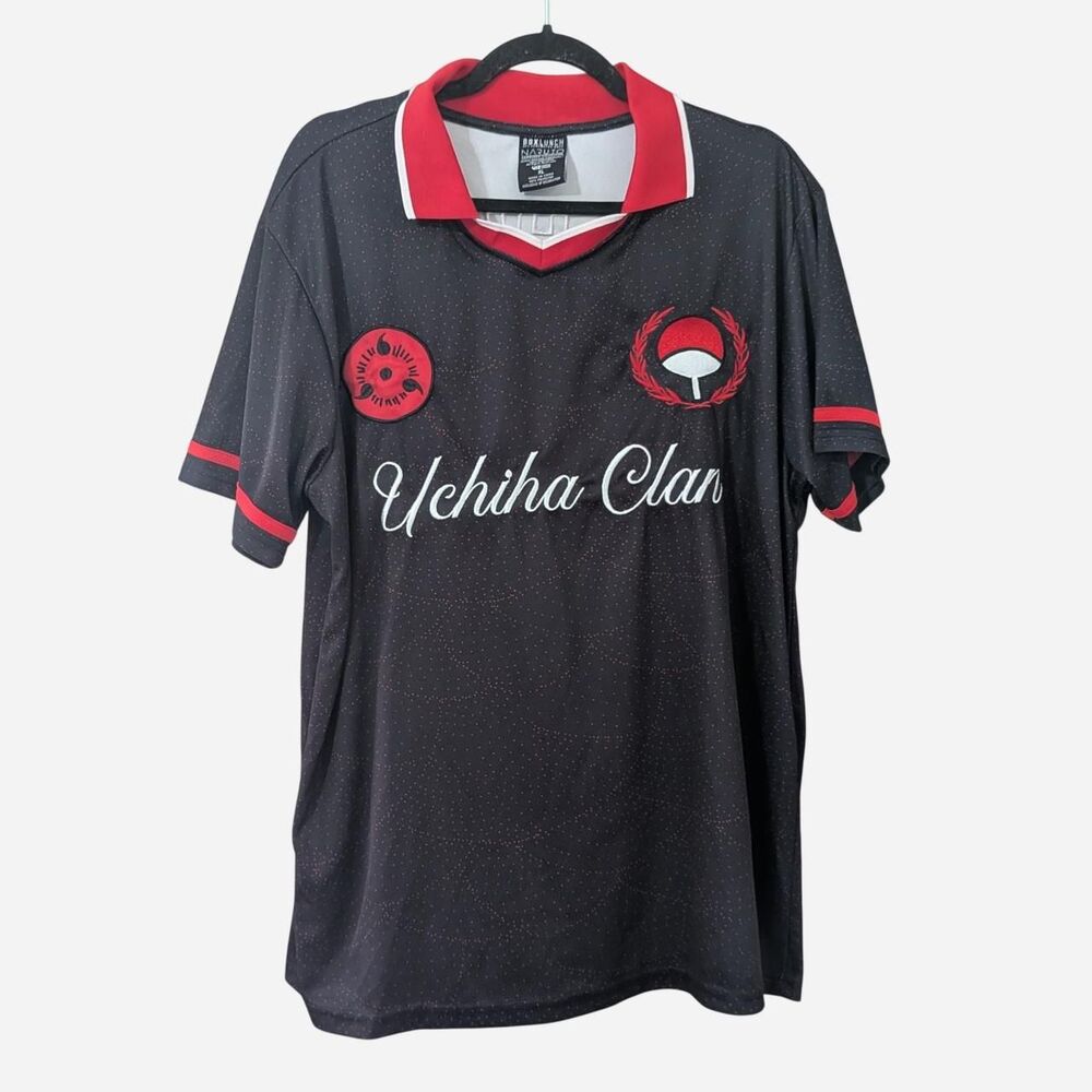 Naruto Uchiha Clan Jersey White Cursive Text And Red Clan Symbols